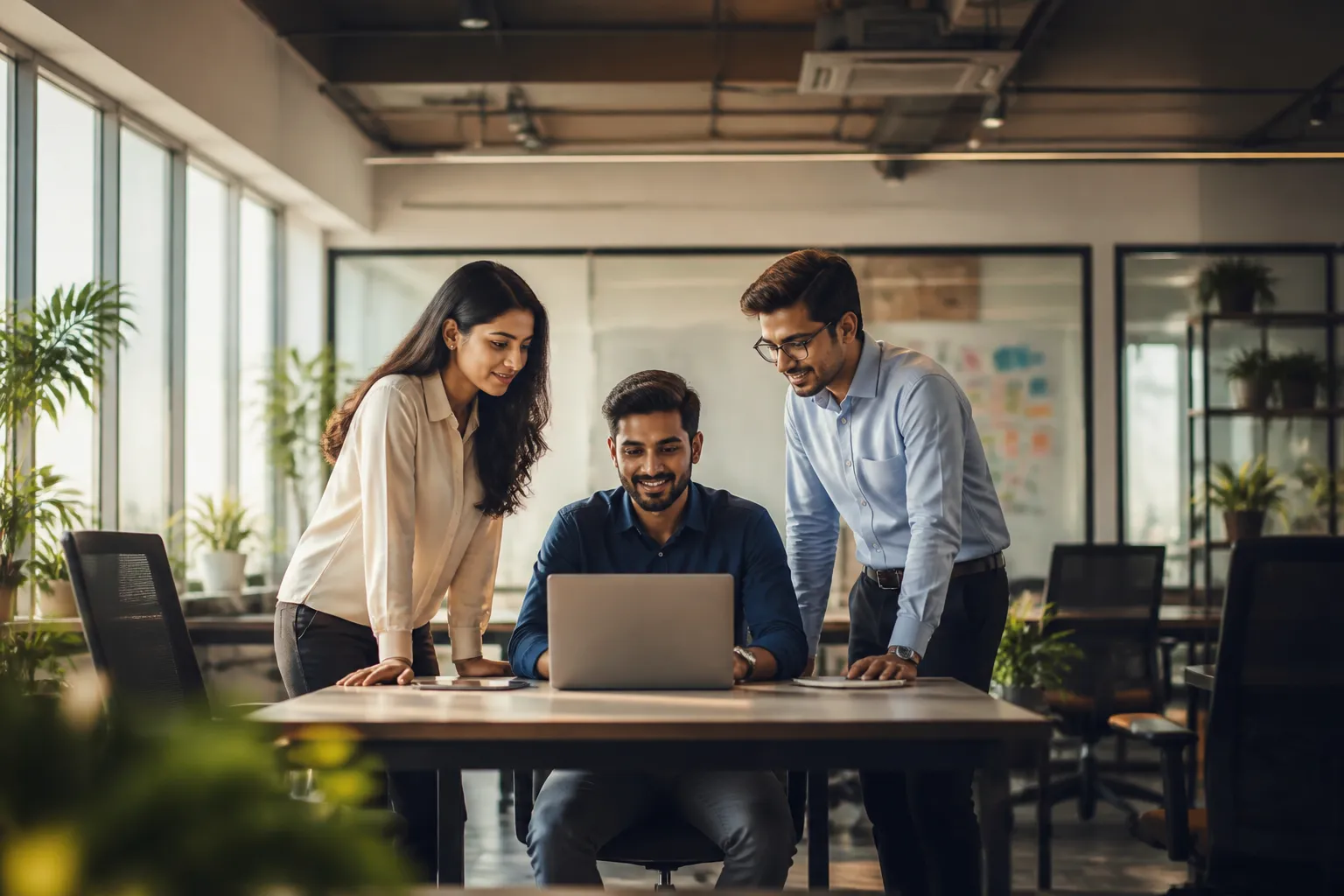 Small Indian business team collaborating on AI automation strategy in a modern workspace