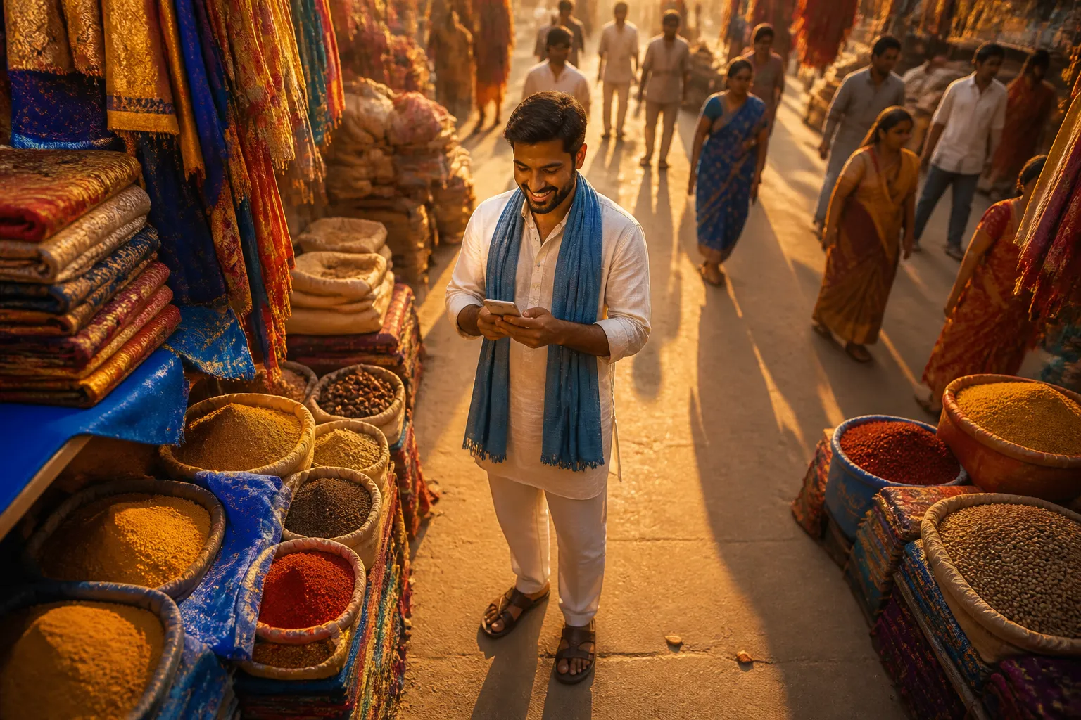Indian SME shopkeeper using a smartphone to manage their business with AI tools at a colourful market stall