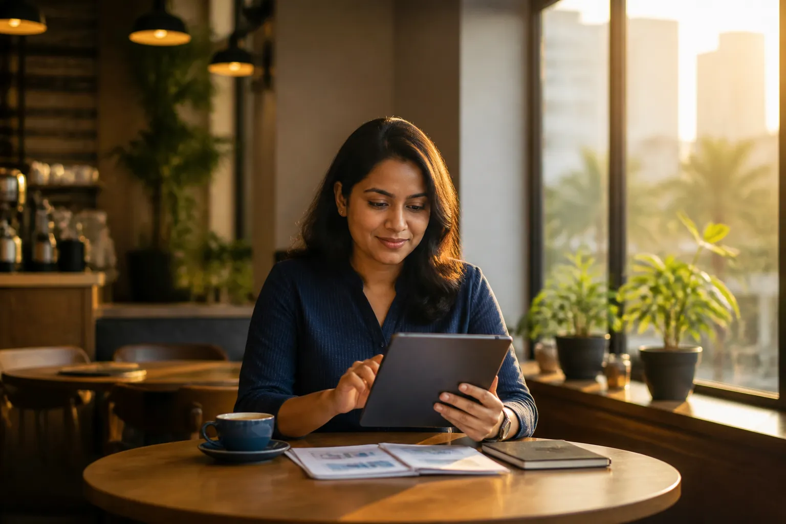 Indian woman entrepreneur reviewing AI analytics dashboard on a tablet in a sunlit Mumbai cafe workspace