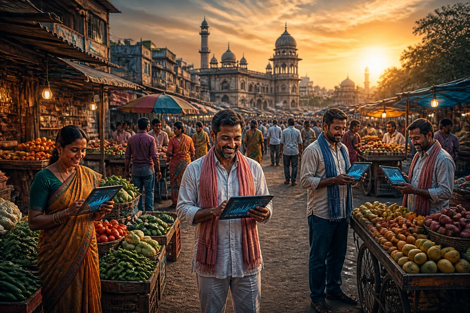 Aerial view of a busy Indian market street with traders using digital devices and AI tools at golden hour