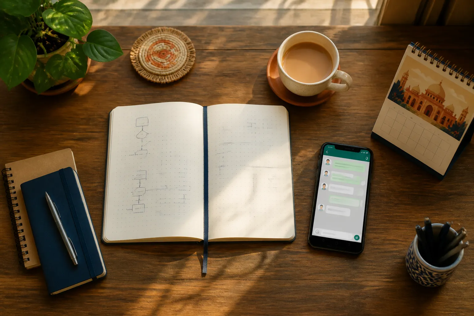 Indian SME business planning session with AI workflow notes and a smartphone showing a chatbot