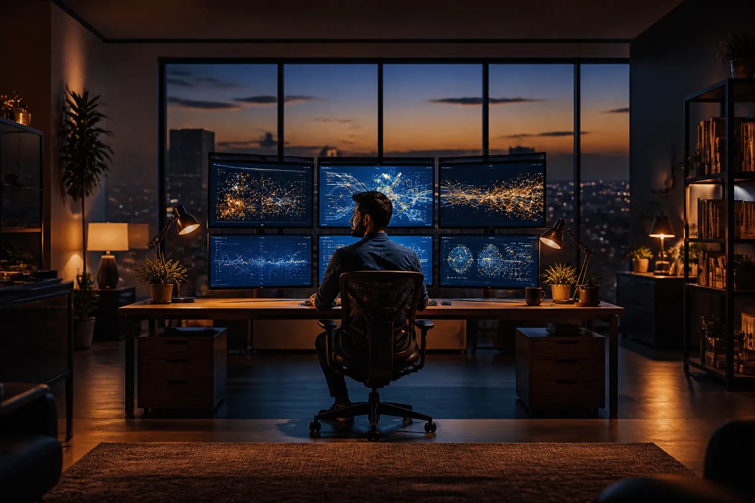 Indian technology professional working with AI dashboards in a modern workspace