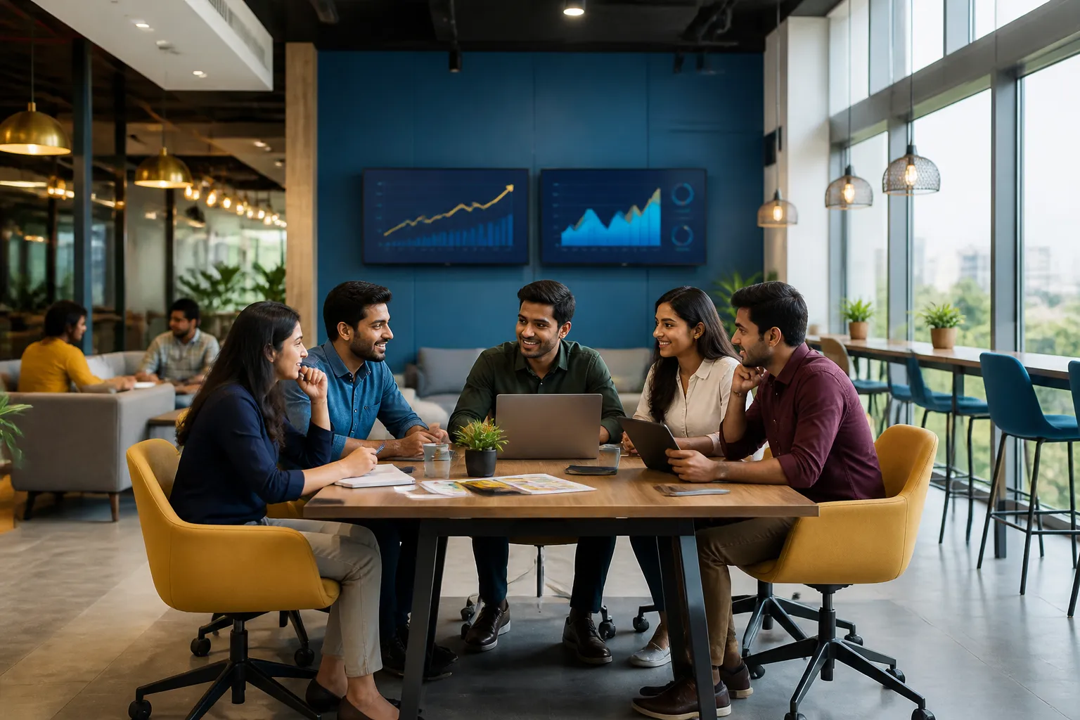 Indian entrepreneurs collaborating and using AI tools in a modern workspace